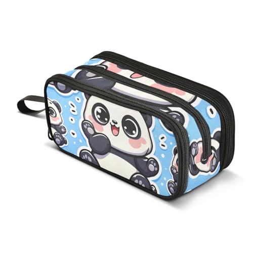 Federmäppchen mit süßem dicken Pandabär-Aufkleber, blaues Federmäppchen, großes Fassungsvermögen, Stifttasche für Jungen und Mädchen, 3 Fächer, Federmäppchen, Studenten, Schreibwaren, Organizer, von Mnsruu