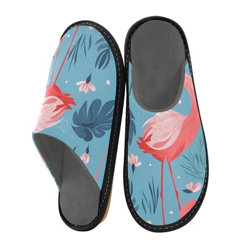 Flamingo Blaue Blätter Hausschuhe für Damen Herren Warme Hausschuhe Hausschuhe Indoor Outdoor Hausschuhe, Mehrfarbig, 40 EU von Mnsruu