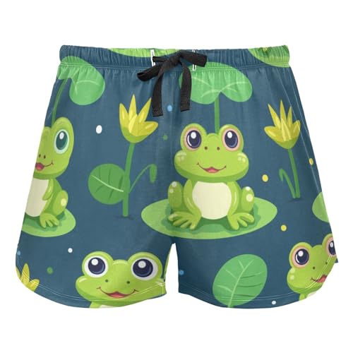 Frosch Lotusblatt Damen Shorts Pyjamahose Loungehose Nachtwäsche Kordelzug, Frosch Lotusblatt, 36 von Mnsruu