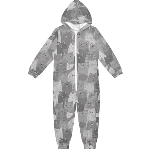 Graue Katze Kätzchen Kinder Schlafanzug mit Kapuze für 4–14 Jahre Jungen Mädchen Kinder Loungewear Reißverschluss Nachtwäsche All-in-One Schlafanzug Overall Nachtwäsche, Mehrfarbig 01, 14 Jahre von Mnsruu