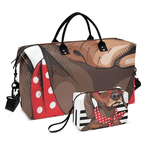 Große Reisetasche, Dackel-Hund mit roter Sonnenbrille auf gestreiftem Hintergrund, Wochenend-Reisetasche für Damen und Herren, Gepäcktasche mit Trolleyhülle, Flugzeug-Reiseutensilien zum Fliegen, #02, von Mnsruu