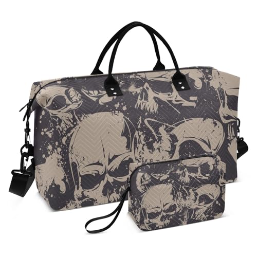 Große Reisetasche, Motiv: Grunge Totenkopf, Halloween, Tag der Toten, Wochenend-Reisetasche für Damen und Herren, Gepäcktasche mit Trolleyhülle, Flugzeug-Reiseutensilien zum Fliegen, #01, von Mnsruu