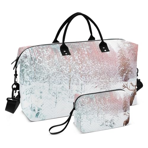 Große Reisetasche, Motiv: Hirsch gegen den Winter, Feenwald, Weihnachten, Wochenend-Reisetasche für Damen und Herren, Gepäcktasche mit Trolleyhülle, Flugzeug-Reiseutensilien zum Fliegen, #02, von Mnsruu