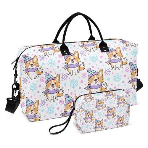 Große Reisetasche, Motiv: walisischer Corgi mit Hut und Schal mit Schneeflocken auf weißem Hintergrund. Wochenend-Reisetasche für Damen und Herren, Gepäcktasche mit Trolleyhülle, von Mnsruu