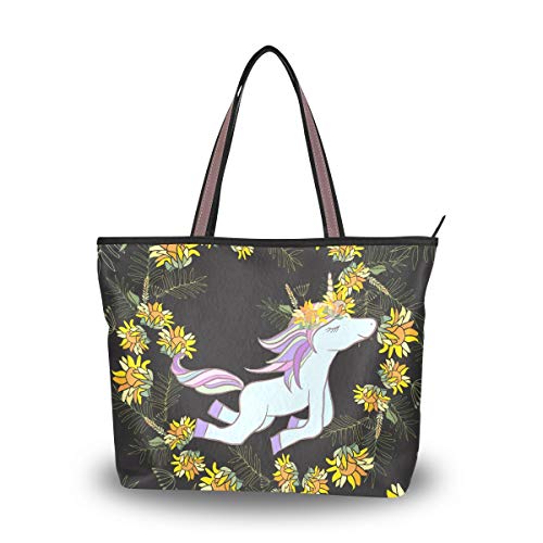 Mnsruu Große Schultertasche Retro Blumen und Einhorn Handtasche Tote mit Reißverschluss, multi, Large von Mnsruu