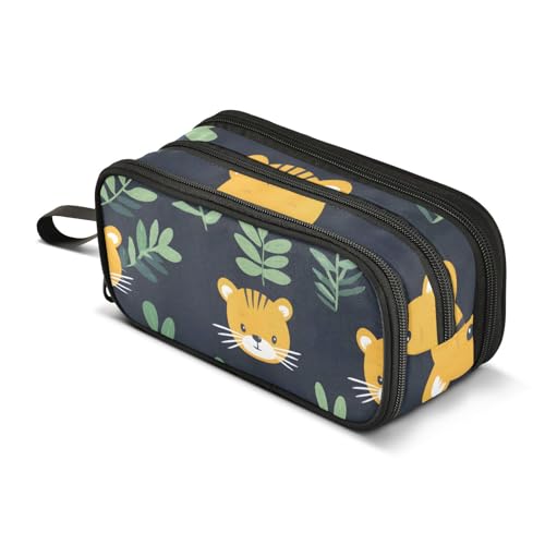 Großes Federmäppchen, Tiger mit Blättern, tragbar, Bürobedarf, Make-up-Tasche für Mittelschule, Studenten, Mädchen, Jungen, mehrfarbig, Einheitsgröße, Kosmetikkoffer von Mnsruu