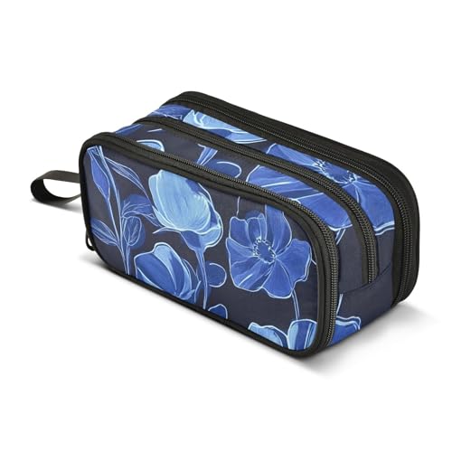 Großes Federmäppchen, blaue Blumen, Federmäppchen, tragbar, Bürobedarf, Make-up-Tasche für Mittelschule, Studenten, Mädchen, Jungen, mehrfarbig, Einheitsgröße, Kosmetikkoffer von Mnsruu