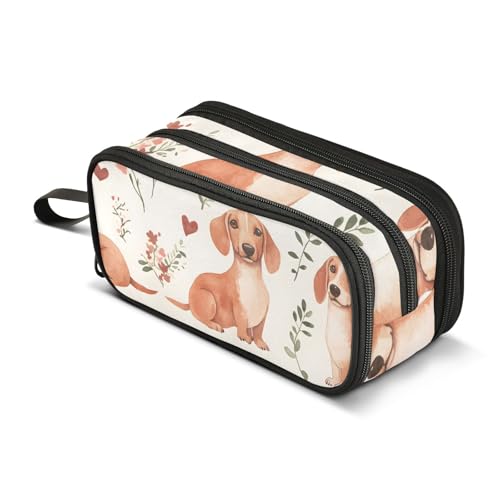 Großes Federmäppchen mit Dackel-Blume, tragbar, Bürobedarf, Make-up-Tasche für Mittelschule, Studenten, Mädchen, Jungen, mehrfarbig, Einheitsgröße, Kosmetikkoffer von Mnsruu