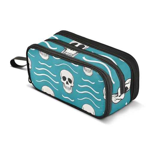 Großes Federmäppchen mit Totenkopf-Wellenmuster, Federmäppchen, tragbar, für Büro, Schreibwaren, Make-up-Tasche für Mittelschule, Studenten, Mädchen, Jungen, mehrfarbig, Einheitsgröße, Kosmetikkoffer von Mnsruu