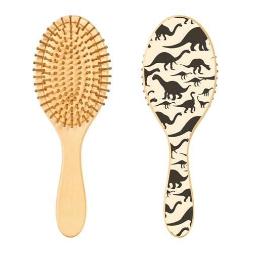 Haarbürste aus Holz, Silhouetten von schwarzen Dinosauriern, Haarbürste für lange, kurze, lockige, dicke, dünne Haare, für Damen, Herren, Jungen, Mädchen von Mnsruu