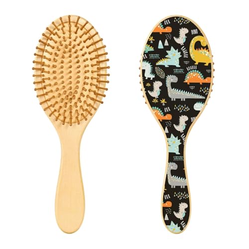 Haarbürste aus Holz, bunte Dinosaurier-Drucke, Haarbürste für langes, kurzes, lockiges, dickes, dünnes Haar, für Damen, Herren, Jungen, Mädchen von Mnsruu