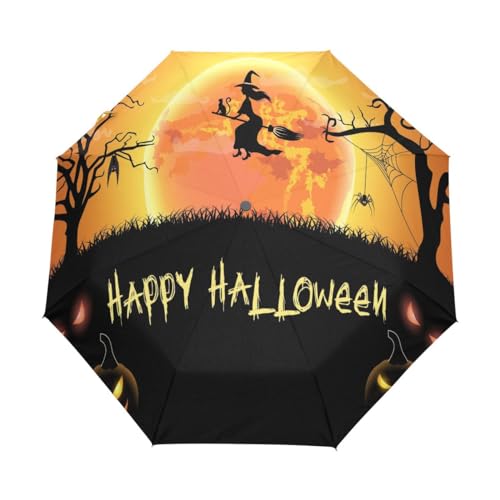 Halloween-Regenschirm mit Hexe, Fledermaus, Spinne, Kürbis, kompakt, automatisches Öffnen, Schließen, Regenschirm, Reisen, winddicht, UV-beständig, Mehrfarbig, Einheitsgröße von Mnsruu