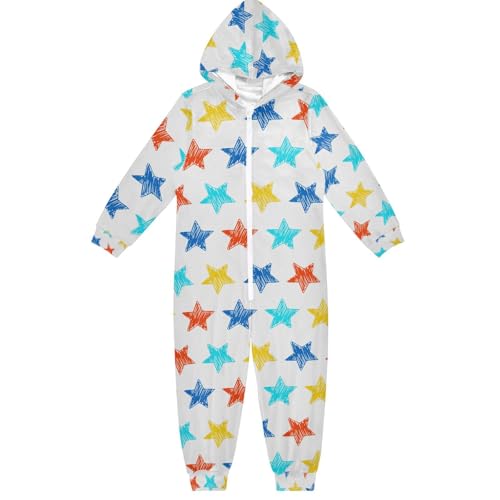 Handgezeichnete bunte Sterne Kinder Schlafanzug mit Kapuze für 4–14 Jahre Jungen Mädchen Kinder Loungewear Reißverschluss Nachtwäsche All-in-One Schlafanzug Overall Nachtwäsche, Mehrfarbig 01, 13 von Mnsruu