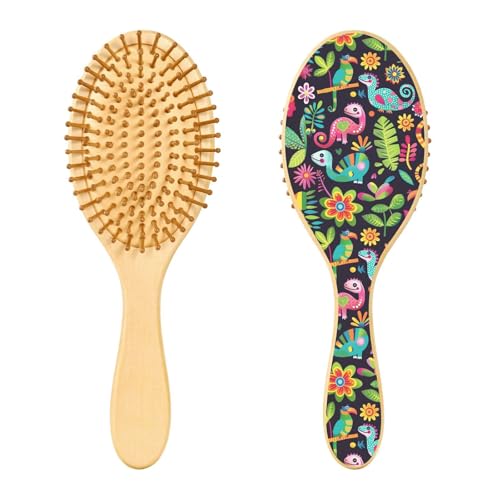Holz-Haarbürste, Regenbogen-Dinosaurier-Haarbürste für lange, kurze, lockige, dicke, dünne Haare, Damen, Herren, Jungen, Mädchen von Mnsruu