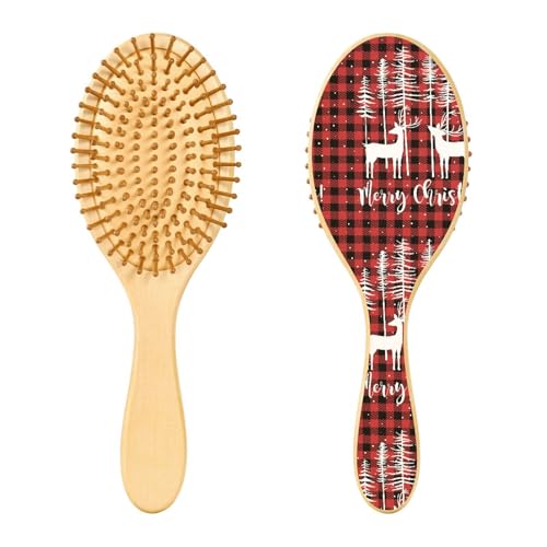 Holz-Haarbürste, Weihnachts-Büffelkaro, Rentier-Haarbürste für lange, kurze, lockige, dicke, dünne Haare, Damen, Herren, Jungen, Mädchen von Mnsruu