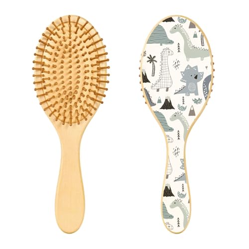 Holz-Haarbürste, kindliche grün-weiße Dinosaurier-Haarbürste für lange, kurze, lockige, dicke, dünne Haare, Damen, Herren, Jungen, Mädchen von Mnsruu