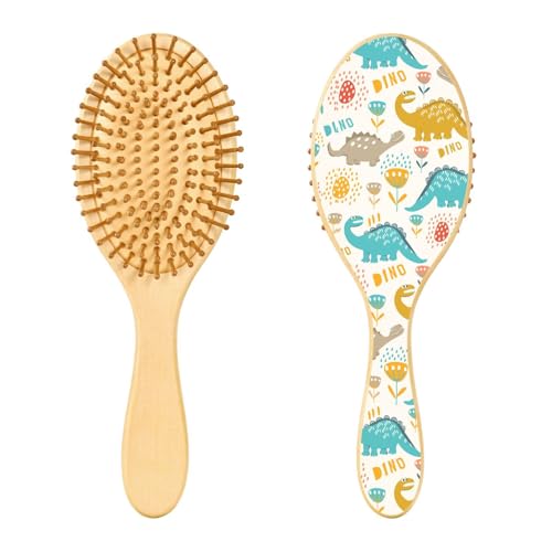 Holz-Haarbürste, kindliche lustige Dinosaurier-Haarbürste für lange, kurze, lockige, dicke, dünne Haare, Damen, Herren, Jungen, Mädchen von Mnsruu