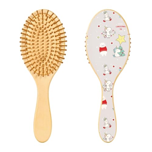 Holz-Haarbürste, niedliche Weihnachts-Comic-Einhörner und Freunde, Neujahrs-Haarbürste für lange, kurze, lockige, dicke, dünne Haare, für Damen, Herren, Jungen, Mädchen von Mnsruu