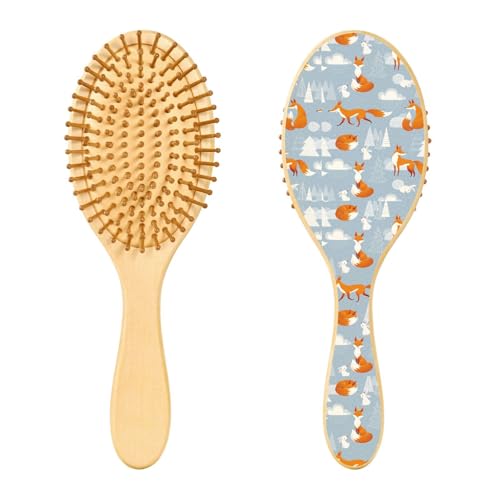Holz-Haarbürste, niedliche Weihnachts-Füchse und Kaninchen, Haarbürste für lange, kurze, lockige, dicke, dünne Haare, für Damen, Herren, Jungen, Mädchen von Mnsruu