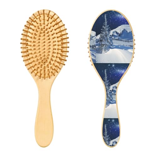 Holzhaarbürste, Frohe Weihnachten, Winternachtlandschaft, Haarbürste für lange, kurze, lockige, dicke, dünne Haare, für Damen, Herren, Jungen, Mädchen von Mnsruu