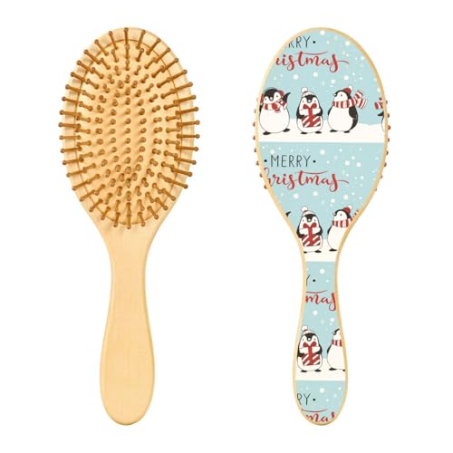 Holzhaarbürste, Frohe Weihnachten mit vier Cartoon-Pinguinen, Haarbürste für langes, kurzes, lockiges, dickes, dünnes Haar, für Damen, Herren, Jungen, Mädchen von Mnsruu