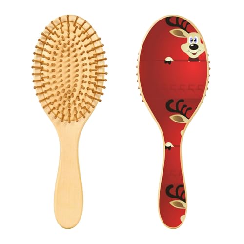 Holzhaarbürste, Weihnachts-/Winter-Haarbürste mit rotem Rentier, für langes, kurzes, lockiges, dickes, dünnes Haar, für Damen, Herren, Jungen, Mädchen von Mnsruu