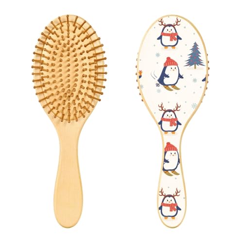 Holzhaarbürste, süßes Pinguin-Set, Frohe Weihnachten, Happy New Year Greetings Haarbürste für lange, kurze, lockige, dicke, dünne Haare, für Damen, Herren, Jungen, Mädchen von Mnsruu