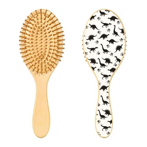 Holzhaarbürste, weiß-schwarze Dinosaurier-Silhouetten, Haarbürste für lange, kurze, lockige, dicke, dünne Haare, Damen, Herren, Jungen, Mädchen, Haarbürste von Mnsruu