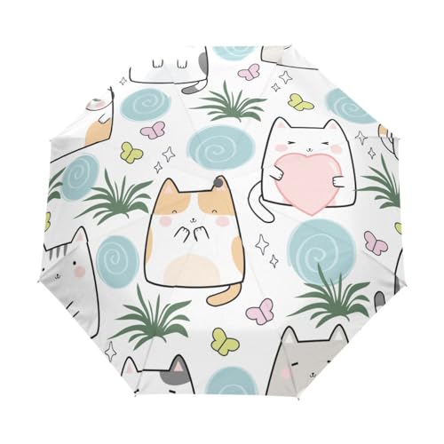 Kompakter Regenschirm mit Katzenmotiv und Gras, automatisches Öffnen, Schließen, für Reisen, winddicht, UV-beständig, Mehrfarbig, Einheitsgröße von Mnsruu