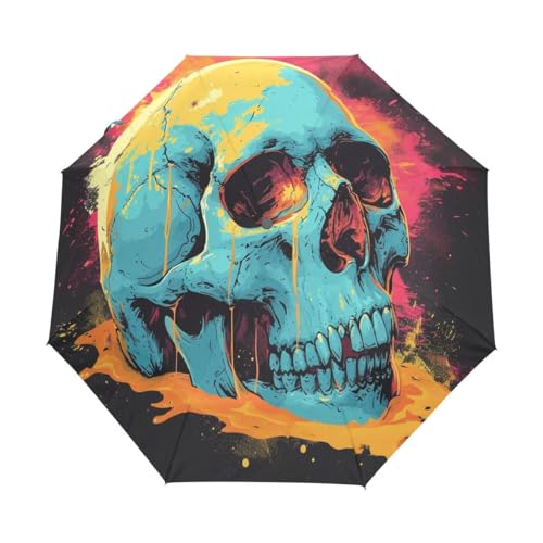 Kompakter Regenschirm mit abstraktem Totenkopf-Motiv, automatisches Öffnen, Schließen, Reise, winddicht, UV-beständig, Mehrfarbig, Einheitsgröße von Mnsruu