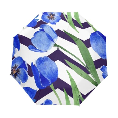Kompakter Regenschirm mit blauen Tulpen in den Streifen, automatisches Öffnen, Schließen, Regenschirm, Reisen, winddicht, Anti-UV, Mehrfarbig, Einheitsgröße von Mnsruu