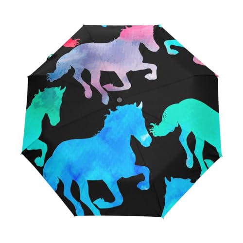 Kompakter Regenschirm mit bunten Pferden, automatisches Öffnen, Schließen, Reise, winddicht, UV-beständig, Mehrfarbig, Einheitsgröße von Mnsruu