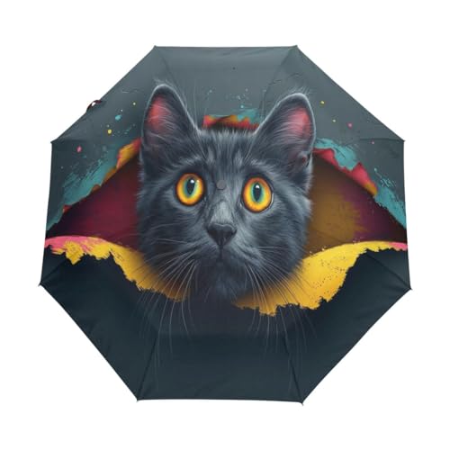 Kompakter Regenschirm mit lustiger Katze, automatisches Öffnen, Schließen, Regenschirm, Reisen, winddicht, UV-beständig, Mehrfarbig, Einheitsgröße von Mnsruu