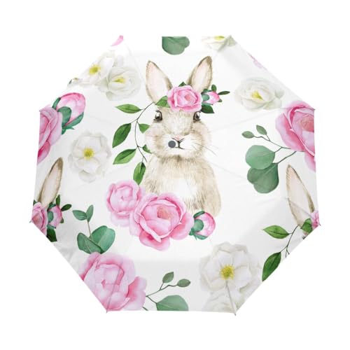 Kompakter Regenschirm mit rosa Rose und Kaninchen, automatisches Öffnen, Schließen, Reise, winddicht, UV-beständig, Mehrfarbig, Einheitsgröße von Mnsruu