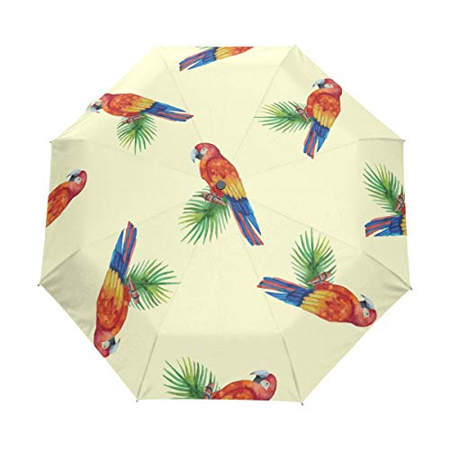 Kompakter Reise-Regenschirm mit Blättern und Papageien, automatisches Öffnen und Schließen, winddicht, UV-Schutz von Mnsruu