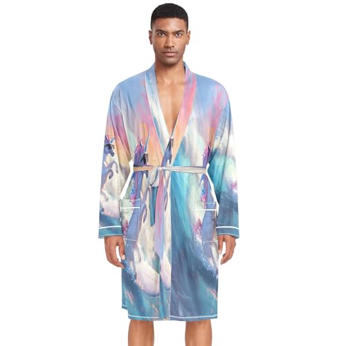 Leichter Herren-Bademantel, Spa-Bademantel, Happy Unicorn Surfen auf einer großen Welle, Happy Unicorn Surfing On A Big Wave Wearing, XL von Mnsruu