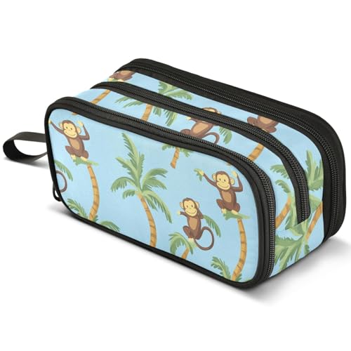 Little Monkeys Federmäppchen mit Palmen, großes Fassungsvermögen, Stifteetui mit 3 Fächern, Stifthalter, Organizer, Schreibwaren-Tasche, B590, Kinderrucksack von Mnsruu