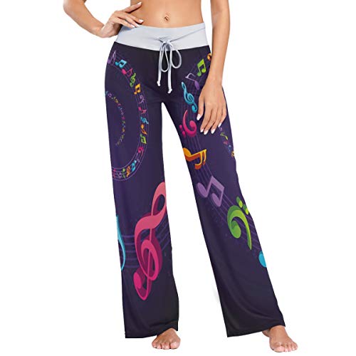 MNSRUU Bunte Musiknote Lila Damen Pyjama Loungehose Casual Stretch Hose Weites Bein Gr. Large, mehrfarbig von Mnsruu