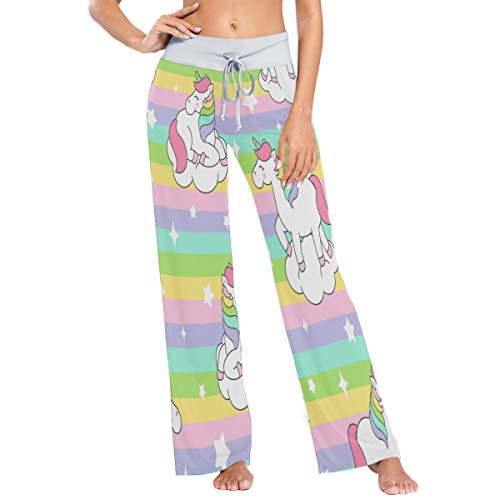 MNSRUU Damen-Pyjama, süßes Einhorn-Design, Regenbogen-Streifen, Stern, lässig, Stretch, weite Beine Gr. X-Small, mehrfarbig von Mnsruu