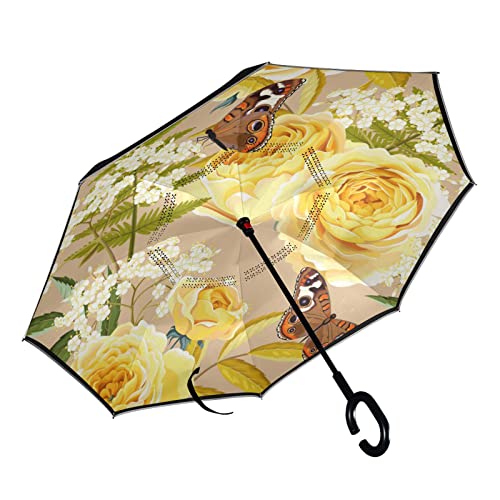 MNSRUU Doppelschichtiger, umgekehrter Vintage-Regenschirm mit gelber Blume, Schmetterlings-Regenschirm für Auto, Outdoor, mit C-förmigem Griff, winddicht, UV-Schutz, Mutli, Large von Mnsruu