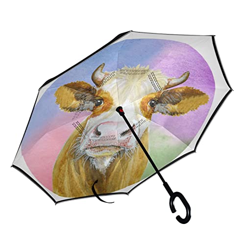 MNSRUU Doppelschichtiger umgekehrter niedlicher Kuh-Regenschirm für Autos, winddichter Regenschirm für Auto, Outdoor, mit C-förmigem Griff, winddicht, UV-Schutz, White, Large von Mnsruu