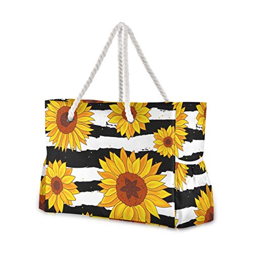 MNSRUU Extra große Damen Strandtasche Organizer Tasche für Urlaub Picknick Sonnenblumen mit Streifen Schultertasche Reise Gym Bag von Mnsruu