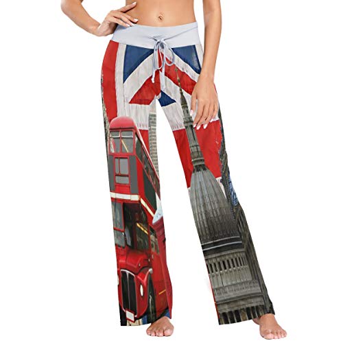 MNSRUU Union Jack Bus Retro Damen Pyjama Loungehose Casual Stretch Hose Weites Bein Gr. Large, mehrfarbig von Mnsruu