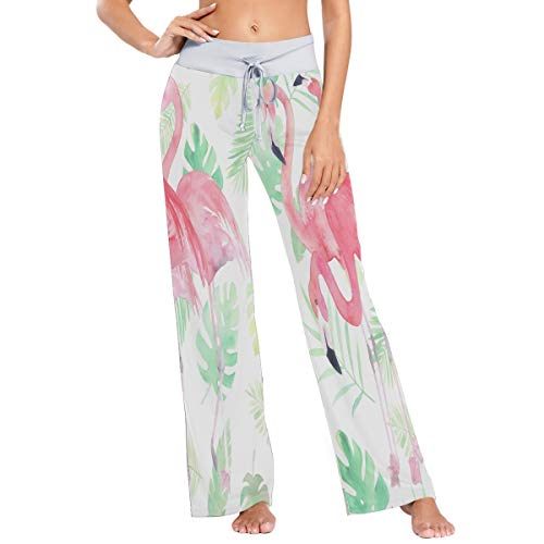 MNSRUU Watercolor Leaf Flamingo Bird Blossom Damen Pyjama Loungehose Casual Stretch Hose Weites Bein Gr. Medium, mehrfarbig von Mnsruu
