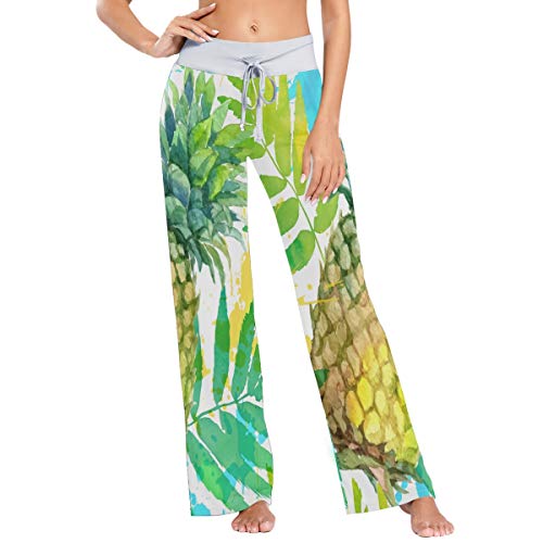 MNSRUU Watercolor Leaf Sommer Ananas Damen Pyjama Loungehose Casual Stretch Hose Weites Bein Gr. Large, mehrfarbig von Mnsruu