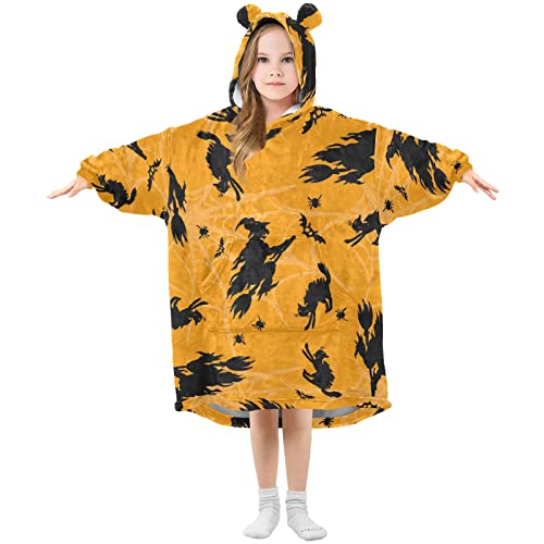 Mädchen Übergroße Decke Hoodie, Abstrakt Halloween Hexe Fledermaus Katze Warm Fleece Sweatshirt Plüsch Tragbar Front Roomy Pocket, Cute Ear Cap, weiß, 170 cm von Mnsruu