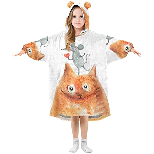 Übergroße Decke für Mädchen, rote Katze, Maus, Herz, Lächeln, warmes Fleece, Sweatshirt, Plüsch, tragbar, geräumige Vordertasche, niedliche Ohrkappe, weiß, 170 cm von Mnsruu