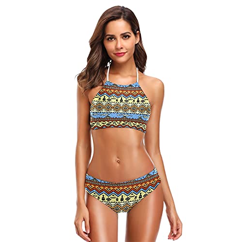 Mnsruu Abstrakt Boho Stil Ethnisch Azteken Damen Neckholder Bikini Bademode High Waist Gepolstert 2 Stück Gr. M/L, mehrfarbig von Mnsruu