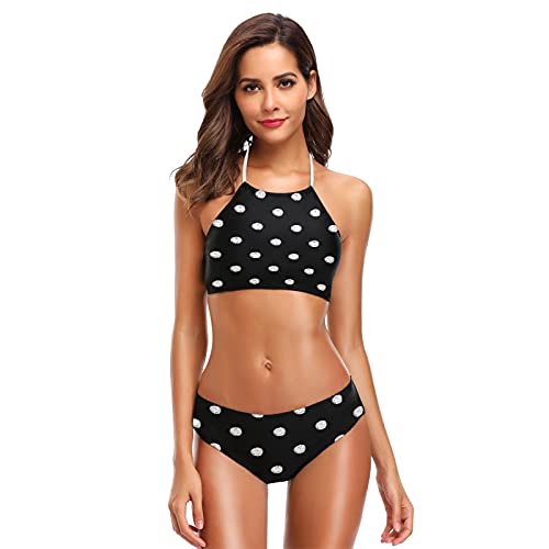 Mnsruu Abstrakt Polka Dot Schwarz Damen Neckholder Bikini Bademode High Waist Gepolstert 2 Stück Gr. M/L, mehrfarbig von Mnsruu