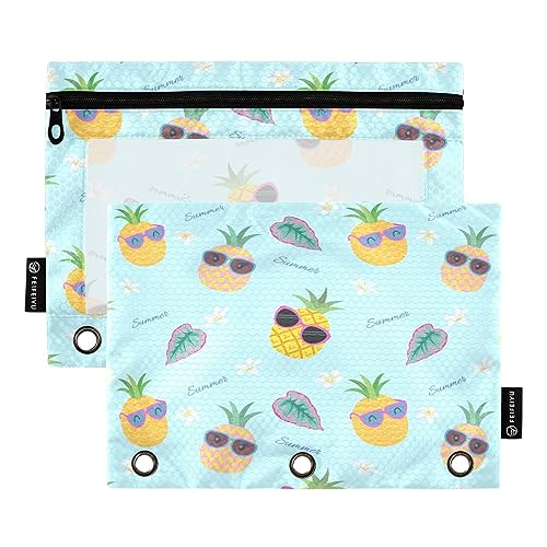 Mnsruu Ananas mit Sonnenbrille, 3-Ring-Bleistiftbeutel mit Reißverschluss, transparentes Fenster, Schreibwarentasche zur Aufbewahrung von Schul- und Bürobedarf, 2 Stück, mehrfarbig, Einheitsgröße, von Mnsruu